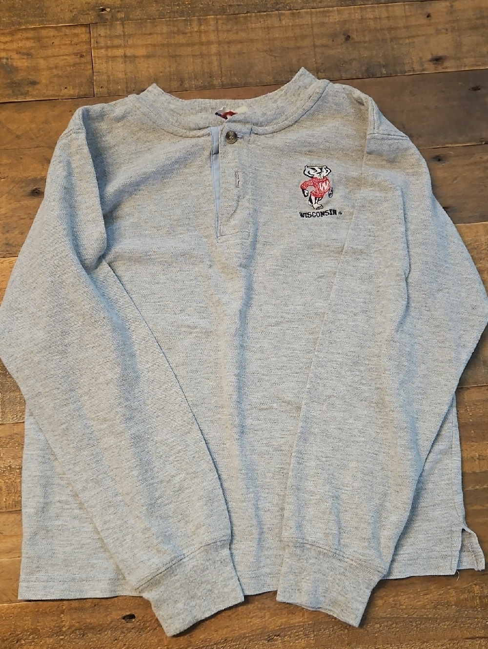 Kids Light Gray Henley Sweater with Wisconsin Mascot